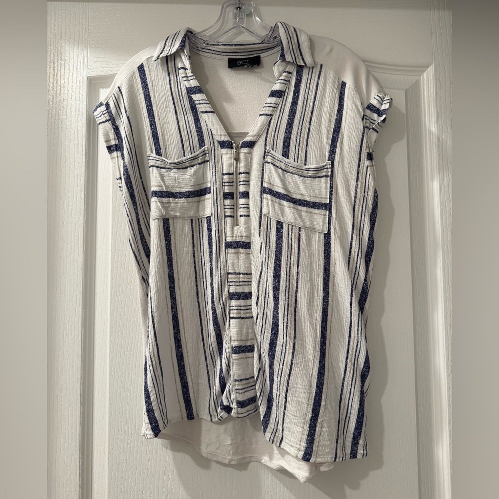 Great Condition! Women’s BCX White and Navy Striped Sleeveless Button-Down Shirt
